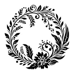 Obraz premium Elegant Black and White Floral Wreath: Decorative Circular Design with Leaves, Berries, and Blossoms on a Clean White Background.