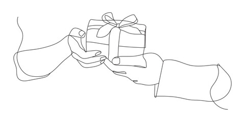 Continuous line drawing romantic young couple giving gifts to celebrate Valentine's Day. Black and white vector illustration