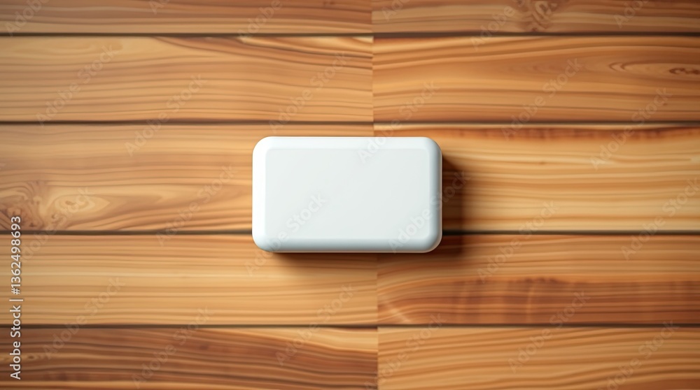 Poster white rectangular container resting on a wooden plank surface