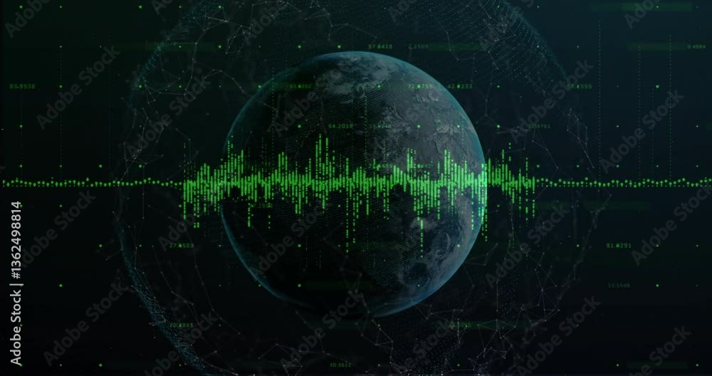 Poster green digital data waves and network connections animating around earth
