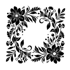 Intricate Black Floral Corner Frame: A Symmetrical Composition of Blooms, Leaves, and Berries, Creating a Delicate Border on White.