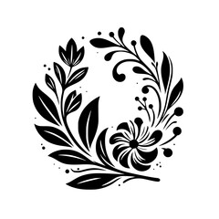 Elegant Black Floral Wreath on White: A Minimalist Design of Leaves, Blossoms, and Berries.