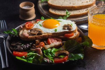 Scrambled eggs with bacon, tomato and lettuce in a plate. Bowl