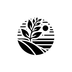 A minimalist black and white logo featuring a stylized plant growing in a field under a small sun, within a circular frame.