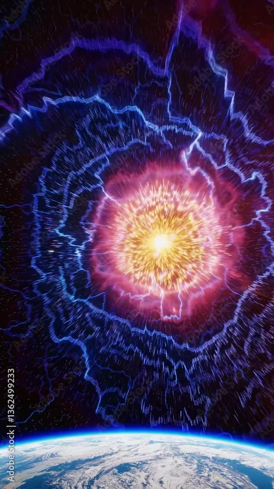 Canvas Prints aerial view of vibrant blue lightning patterns radiating from a central glow against a starry backdr