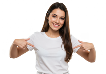 Young woman pointing to her white t-shirt with fingers, showing empty space isolated on White background PNG transparent background