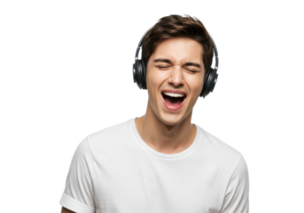 Young man in white t-shirt listening to music in wireless earphpones and singing in online karaoke app using phone isolated on White background PNG transparent background