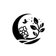A stylized, minimalist black and white graphic depicting a flower, leaves, a bird, and a crescent moon, all within a circular composition.