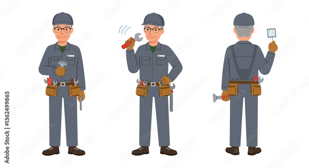 Poster worker character in three poses in flat design vector art
