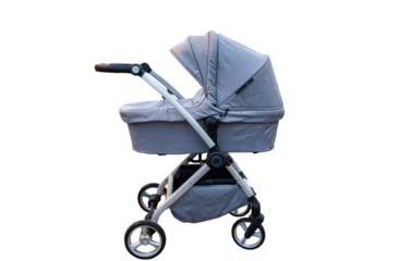 Blue baby stroll pram isolated on transparent background. Purple perambulator for newborns cut out, side view