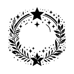 Elegant Black and White Celestial Wreath: Stars, Foliage, and Sparkles, Forming a Decorative Circle Frame on a White Background.