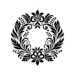 Intricate Black Floral Wreath Design on White: Decorative Ornament Featuring Detailed Petals, Leaves, Berries and Swirls.