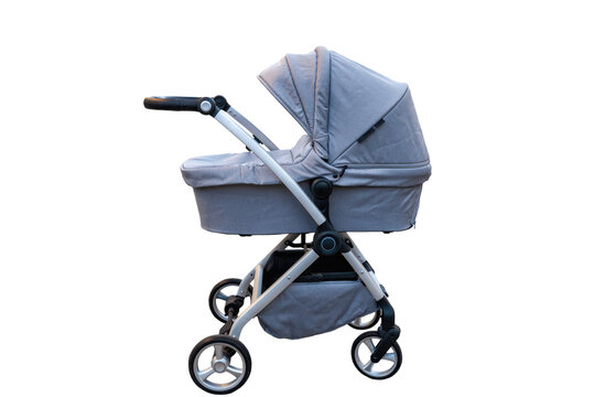 Blue baby stroll pram isolated on transparent background. Purple perambulator for newborns cut out, side view