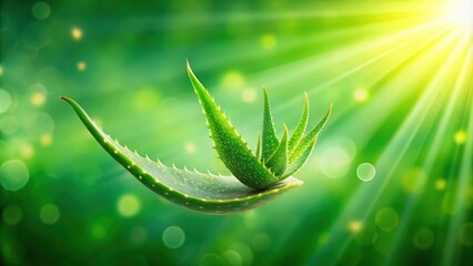 Naklejka premium A single aloe vera leaf, curved into a cradle, cradling a smaller plant, bathed in soft, warm light, highlighting its vibrant green color and delicate texture.
