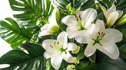 Fototapeta premium モンステラの葉に囲まれた白いユリの花束