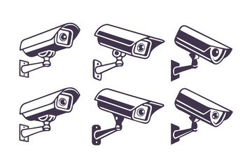 Fototapeta premium Minimal Security CC Camera Set Silhouette Vector Illustration featuring modern surveillance camera icons in clean, simple black shapes perfect for security systems, apps, signage, or infographics.
