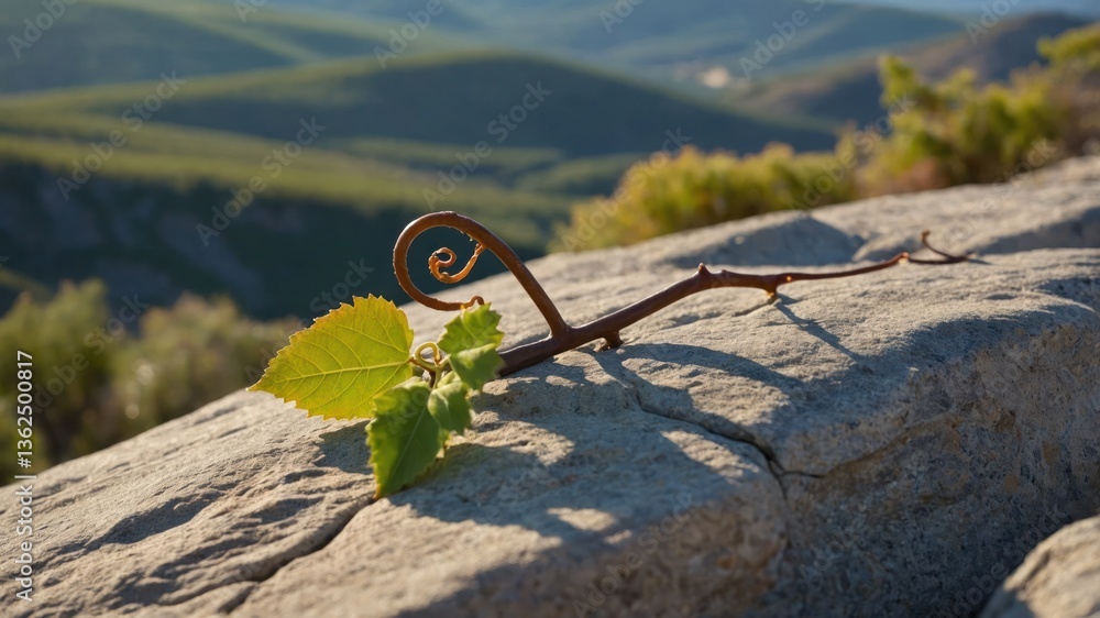 Poster A twisted branch with a leaf rests on a stone, set against a backdrop of rolling hills.
