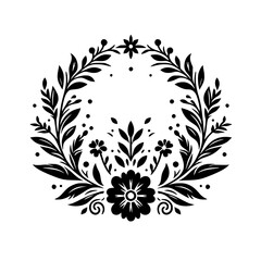 Elegant Black and White Floral Wreath: A symmetrical botanical design featuring leaves, flowers, and dots, perfect for decorative and artistic applications.
