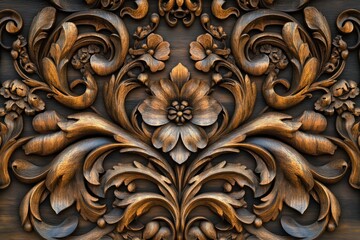Intricate wooden floral carving, symmetrical design, dark background, home decor