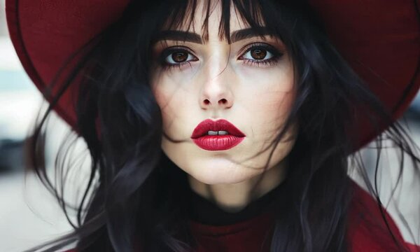 Pale-skinned gothic young woman with deep red lips and long black hair stares intensely, dark background and high contrast lighting. Concept of modern gothic style