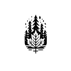A monochrome, stylized forest scene showcasing a maple leaf front and center, surrounded by conifer trees and scattered leaves.
