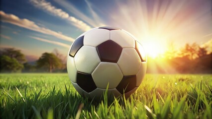 A Classic Soccer Ball Resting on a Lush Green Field Bathed in the Warm Glow of a Setting Sun