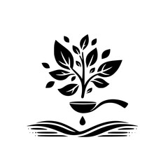 A stylized black and white logo featuring a plant emerging from a cooking pot, a drop dripping onto water symbol.