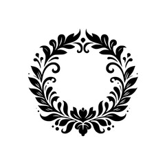 Elegant Black Leafy Wreath Design on White Background, Illustrating a Circular Floral Emblem with Intricate Botanical Details.