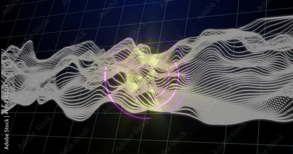Poster animation of digital waveforms and circular patterns on grid background in school