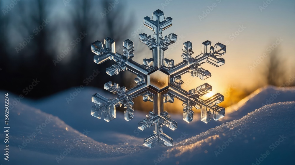 Poster a close-up of a snowflake resting on snow, illuminated by a warm sunset.