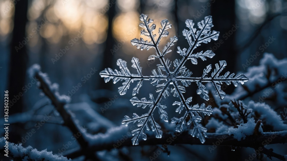 Poster a close-up of a snowflake resting on a branch, surrounded by a winter landscape.