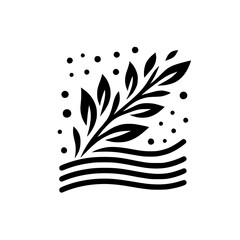 Minimalist Monochrome Illustration: Stylized Black Foliage with Leaves and Dots Emerging from a Series of Wavy Lines, Against a Clean White Background.