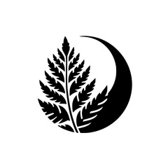 Stylized Silhouette of Fern Leaf Adorned by Crescent Moon, a Minimalist Design with Contrasting Black and White.