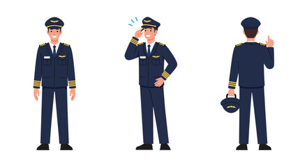 Pilot character in uniform, showing greetings and poses in flat vector art
