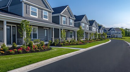 Modern Suburban Houses with Well-Maintained Lawns, A row of modern suburban houses with well-maintained lawns and a clean sidewalk