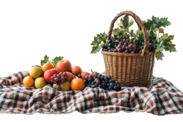 A bountiful harvest of autumn fruits spills onto a cozy plaid blanket, a wicker basket overflowing with plump grapes adding to the scene's rustic charm against a bright white background.