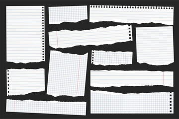 Ripped paper strips. Realistic crumpled paper scraps with torn edges. Shreds of notebook, book or old newspaper pages. Trendy collage elements. Vector illustration