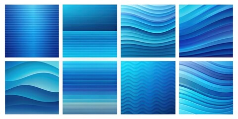 Obraz premium A Collection of Eight Abstract Blue Patterns Featuring Horizontal, Vertical, and Curved Lines for Graphic Design and Web Development