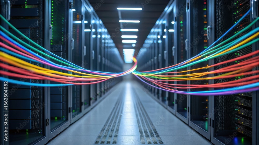 Poster data center with colorful cables connecting servers in a corridor.
