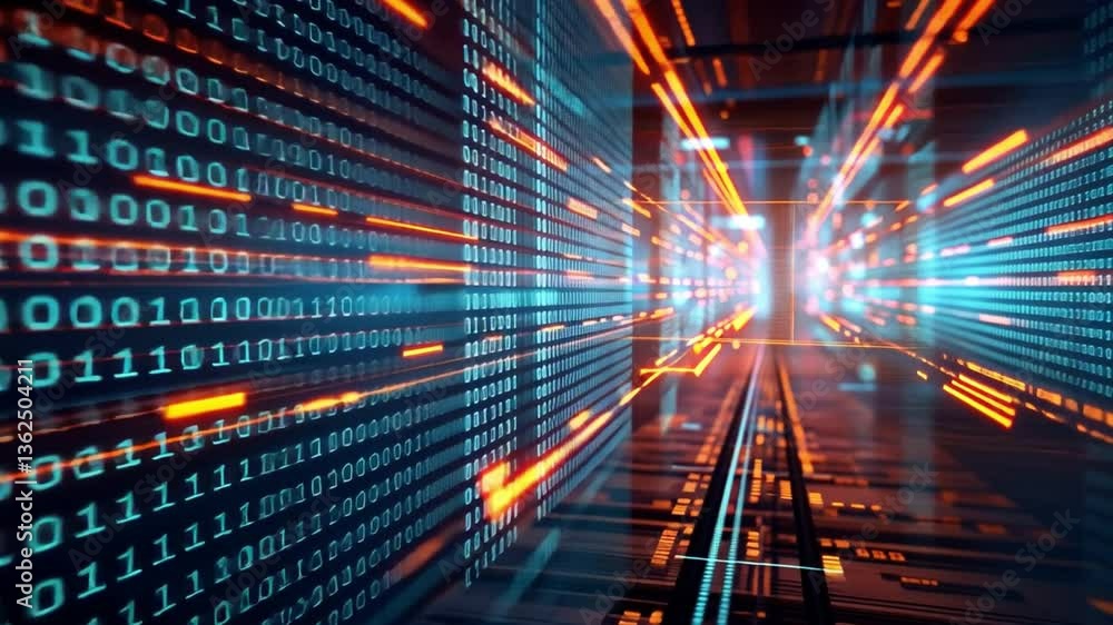 Poster futuristic digital data streams vibrant binary code and light trails showcase speed and technology i