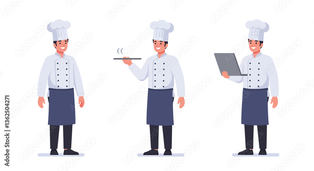 Poster chef character performing actions in flat style vector illustration with three frames