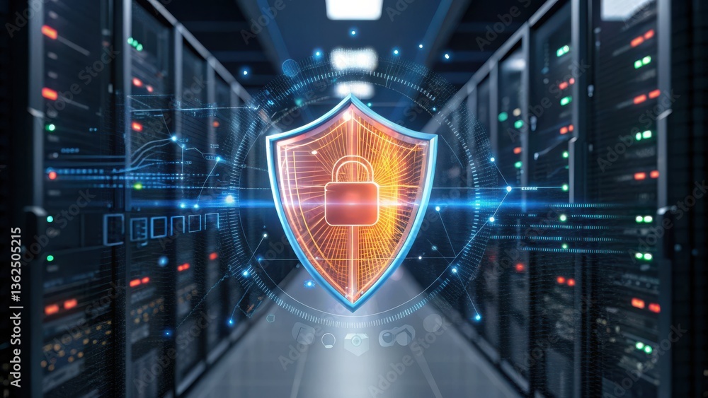 Poster digital security concept with servers and a protective shield graphic.