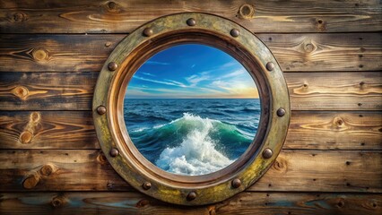 A wooden ship's porthole reveals a vast ocean horizon, with crashing waves and a clear blue sky
