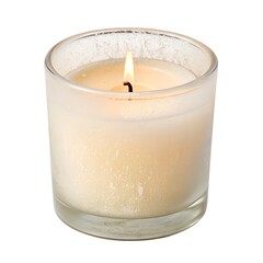 Scented candle in a frosted glass jar burning on a white background - isolated on white or transparent PNG.  
