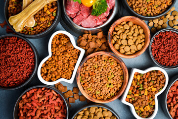 Dry pet food with natural ingredients. Raw meat in a bowl for pets. A set of different fodder and...