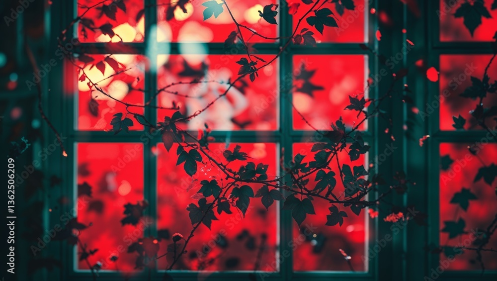 Poster vibrant ivy branches frame a red-tinted window in an atmospheric indoor setting during twilight