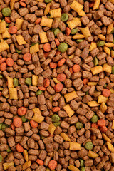Background of dry colored food for domestic cats or dogs, texture background of food for pets.