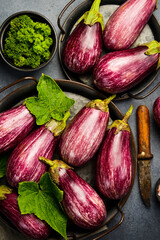 Organic fresh eggplants. Close-up of purple eggplants. Top view. On a gray concrete background.
