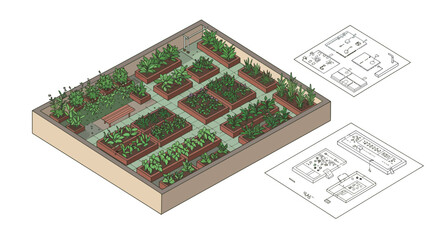 Fototapeta premium Detailed garden layout design in flat style showcasing planting changes in vector illustration