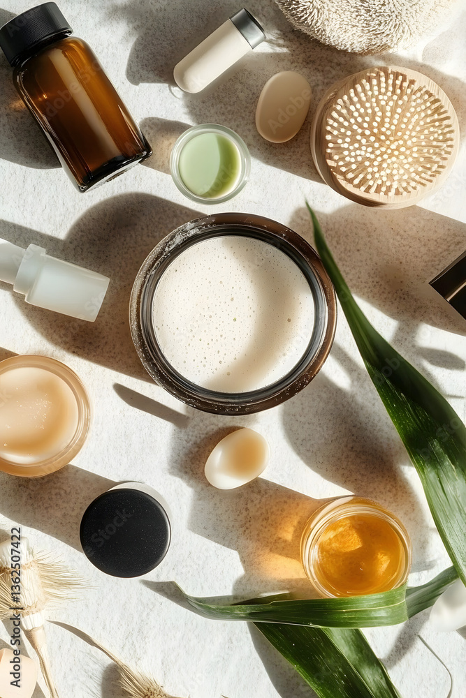 Poster flat lay composition with different body care products on light textured table